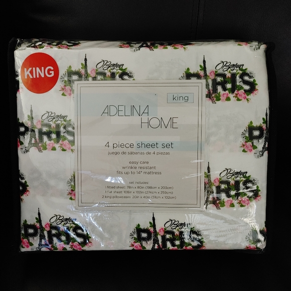 King sheet set Paris eiffel towerr floral pink rose france bedding pillowcases - Picture 1 of 4